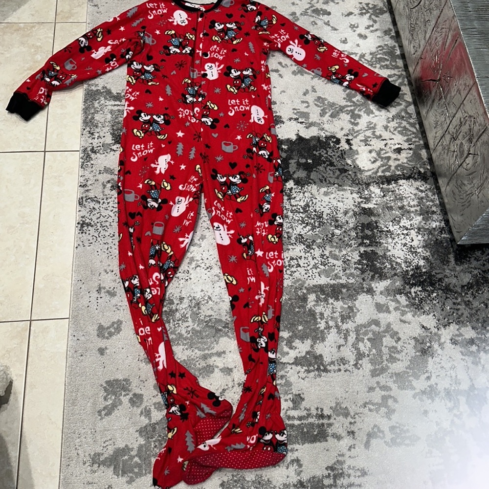 Disney Mickey and Minnie Mouse red footed onesie fleece Christmas pajamas